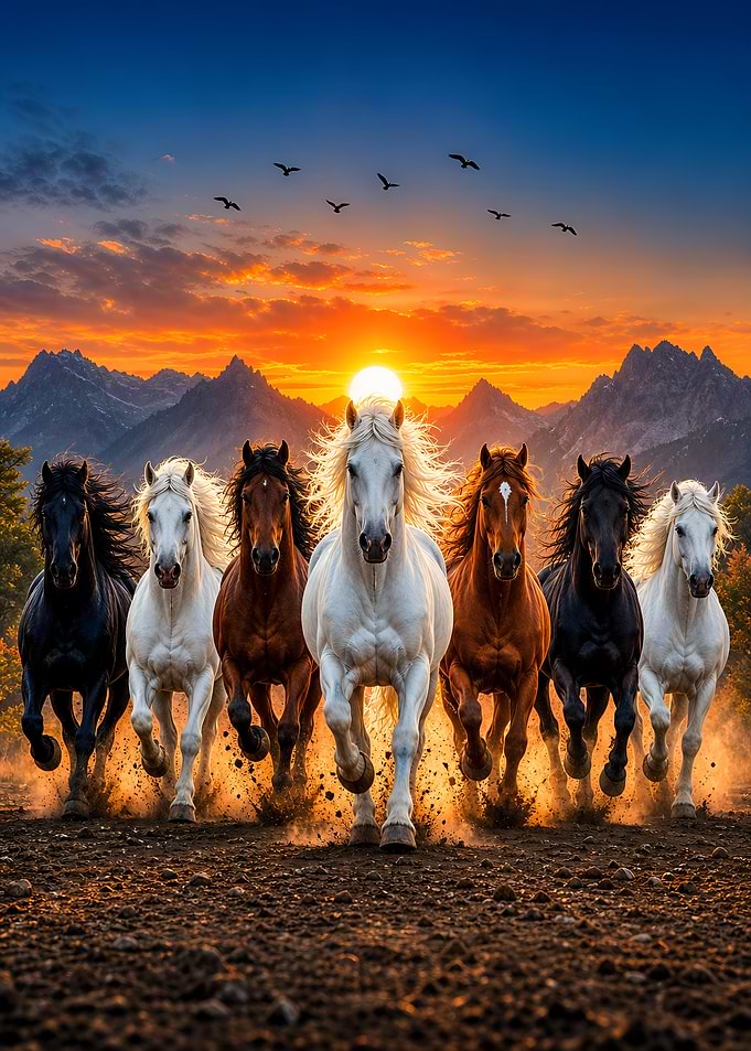 Seven Horses Running at Sunset