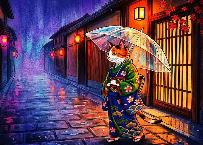 Japanese Cat Kimono Rainy Night Art