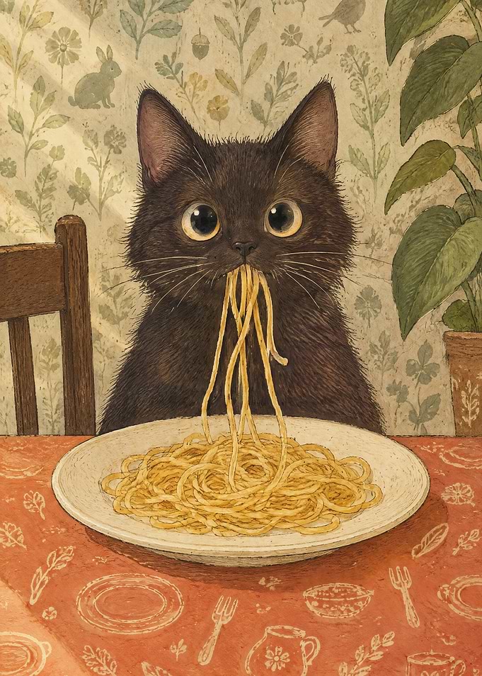 Cute Black Cat Eating Pasta