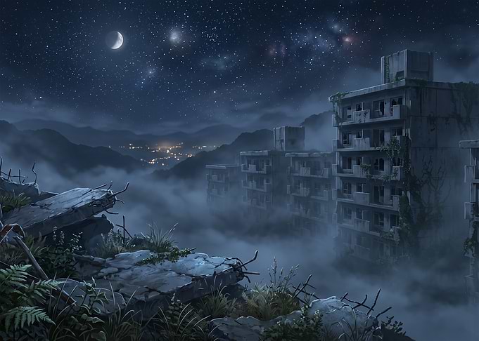 Abandoned City Ruins Under Starry Sky