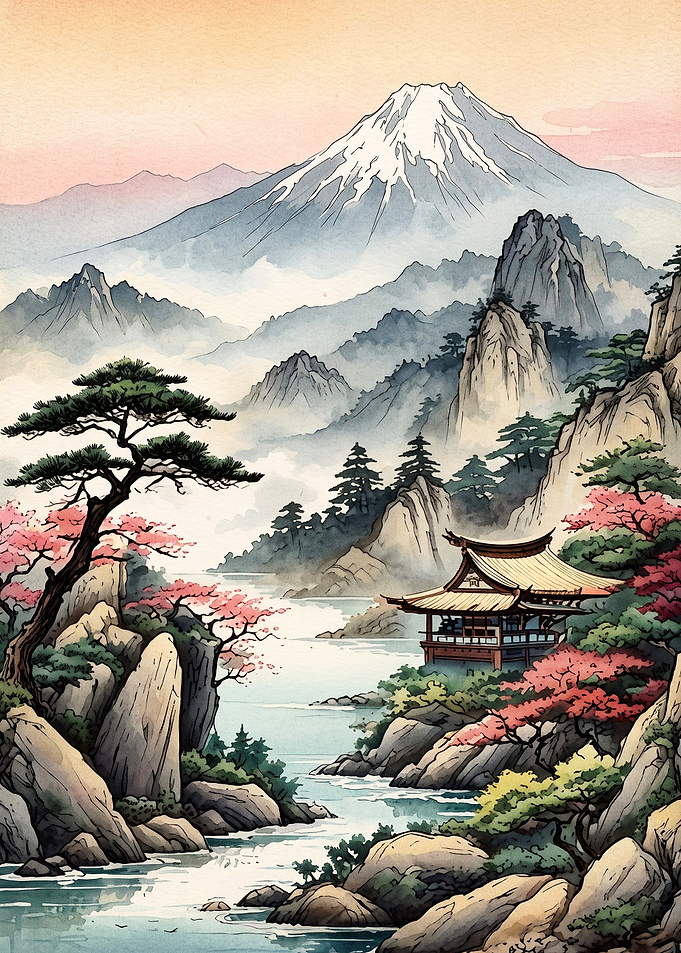 Japan Mountain Temple Watercolor Ar
