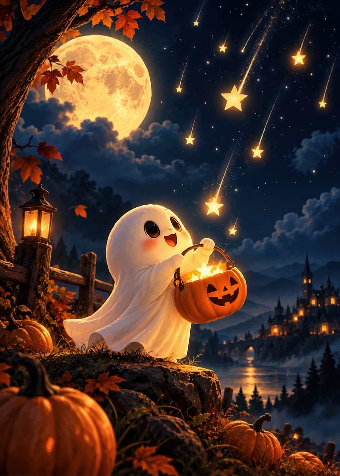 Cute Ghost Catching Falling Stars