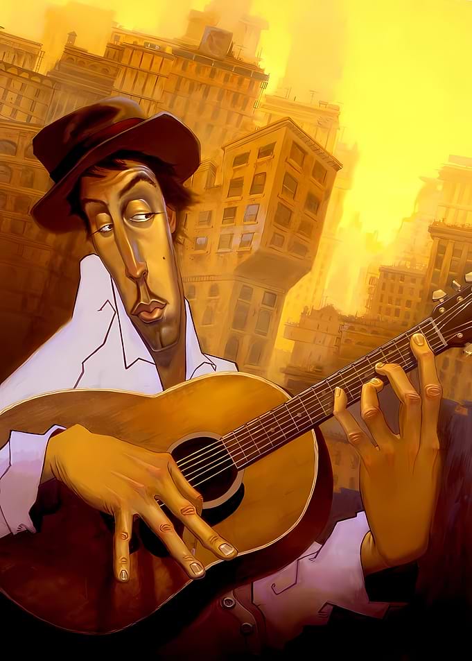 Caricature of a Guitarist in City