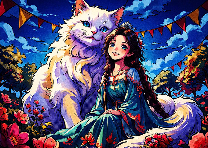 Anime Girl Giant Cat Fantasy Poster