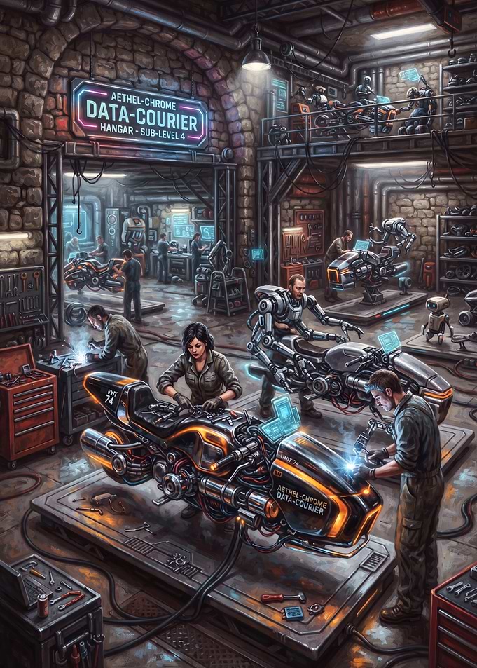 Futuristic Data-Courier Motorcycle Workshop