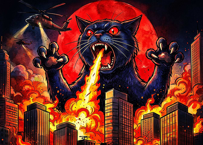 Giant Cat Monster City Attack Art