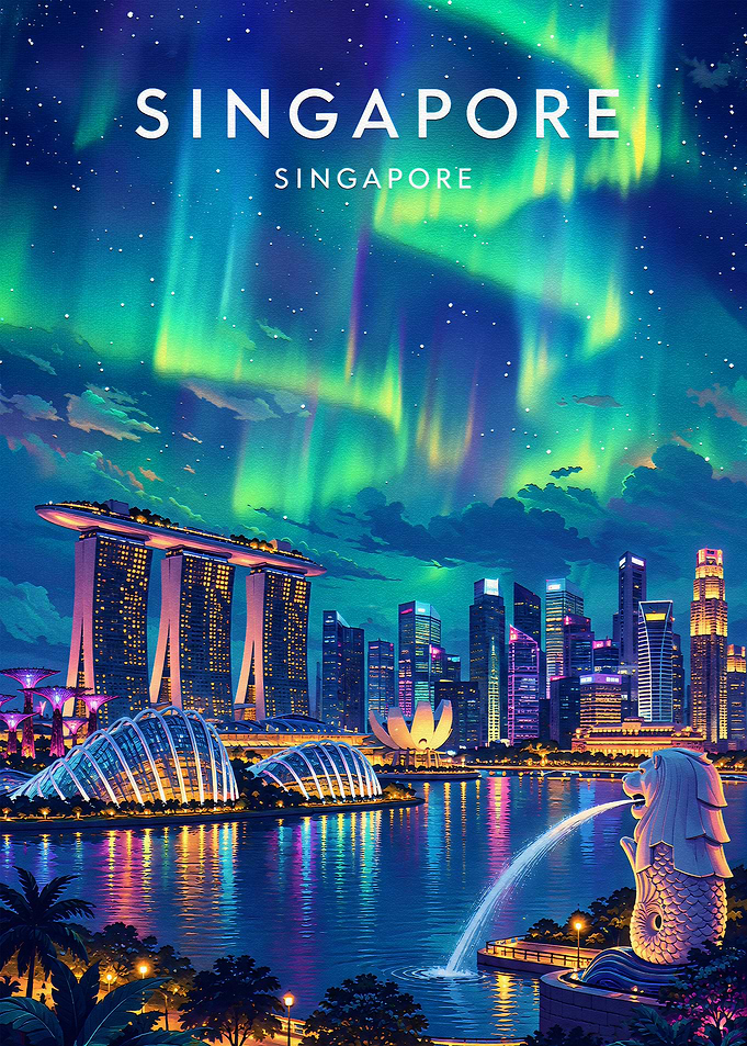 Singapore Cityscape with Aurora Borealis