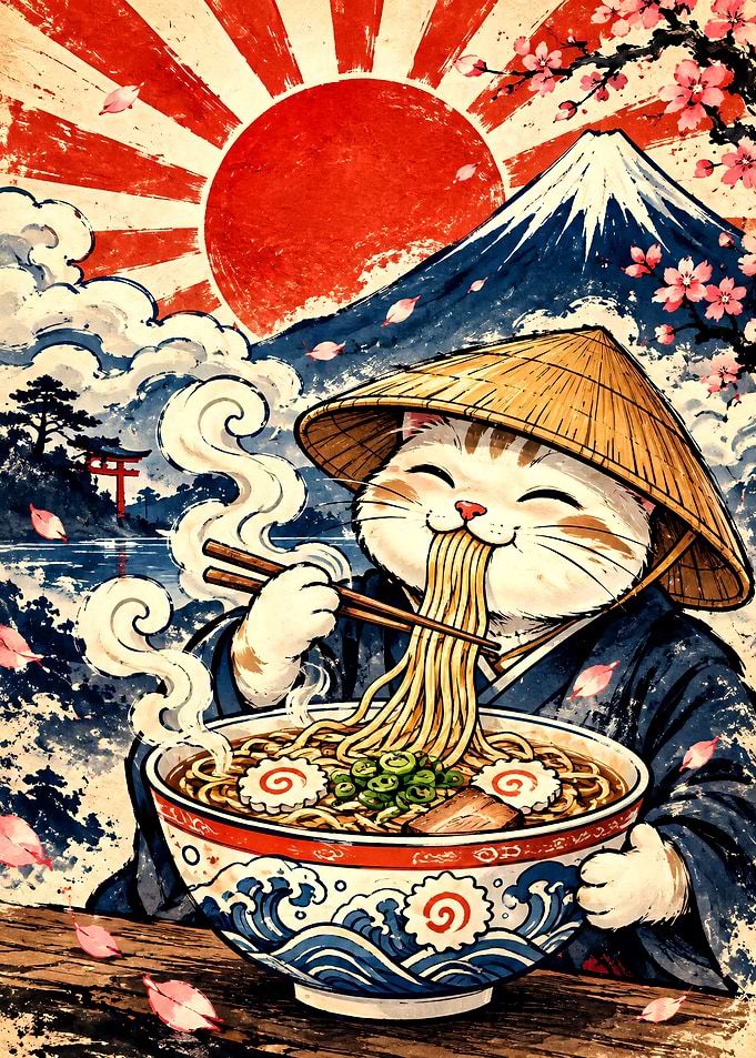 Cute Cat Eating Ramen
