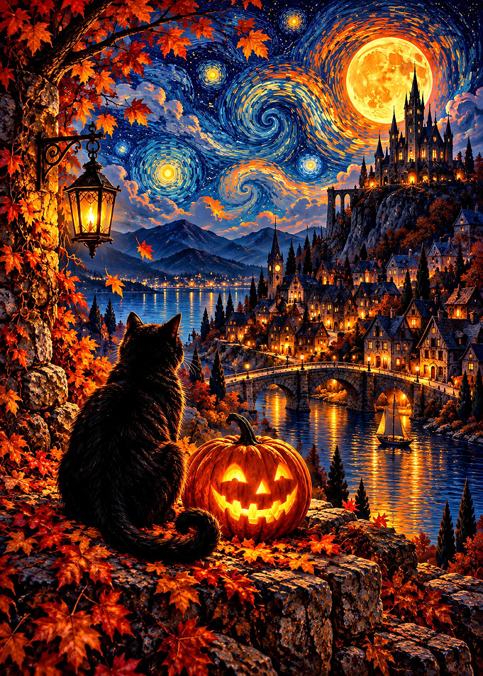 Black Cat and Pumpkin Halloween Night