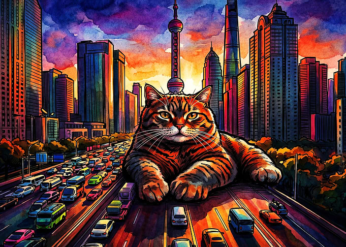 Giant Cat Shanghai Skyline Poster