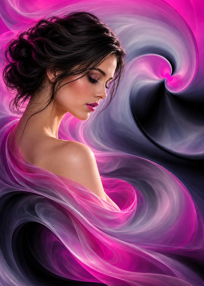 Elegant Woman Amidst Pink Swirls