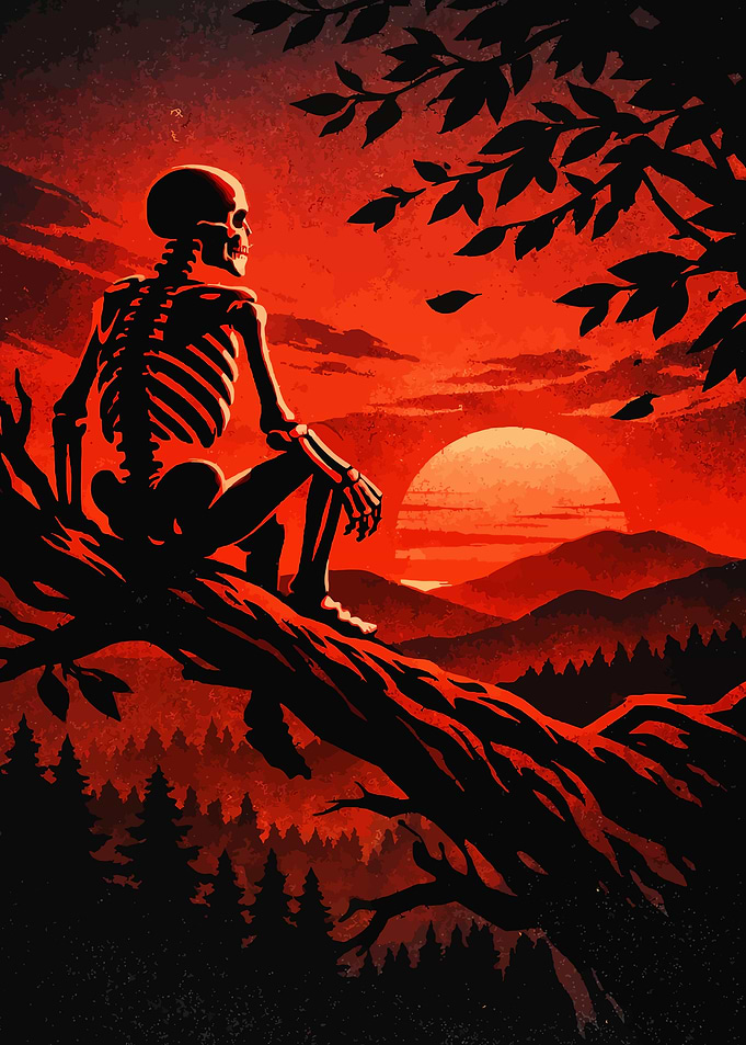 Skeleton Sitting on Tree at Sunset