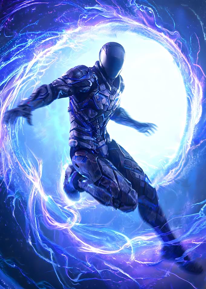 Futuristic Warrior Entering Energy Portal