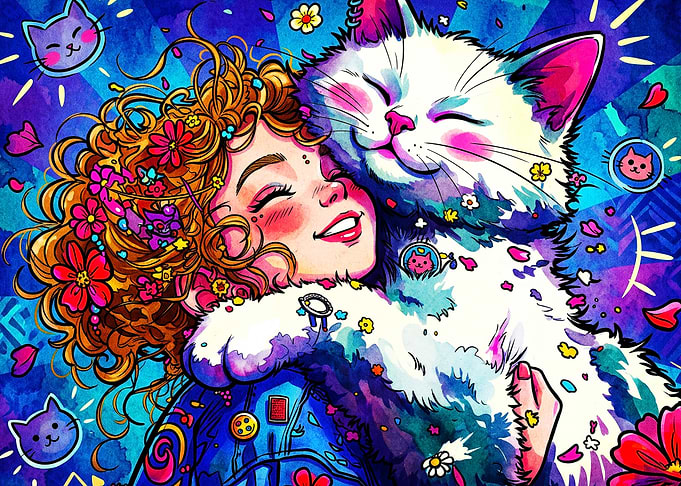 Cat Hug Girl Neon Psychedelic Art