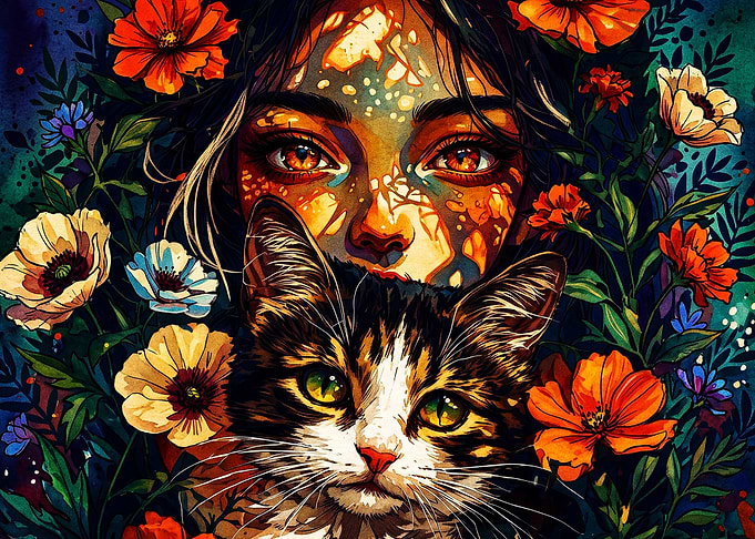 Cat Floral Woman Boho Art Poster