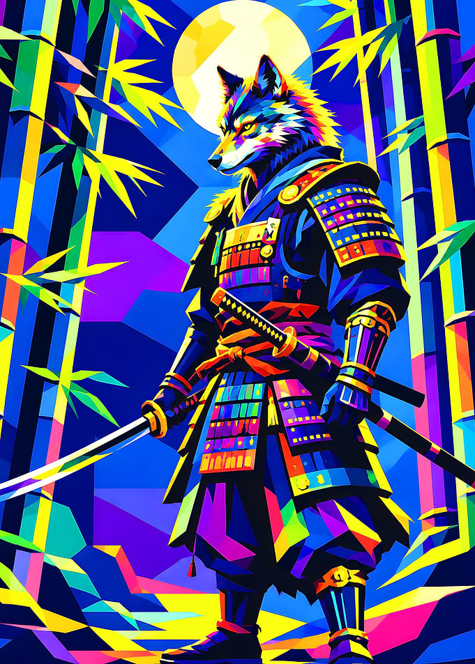 Colorful Wolf Samurai in Bamboo Forest