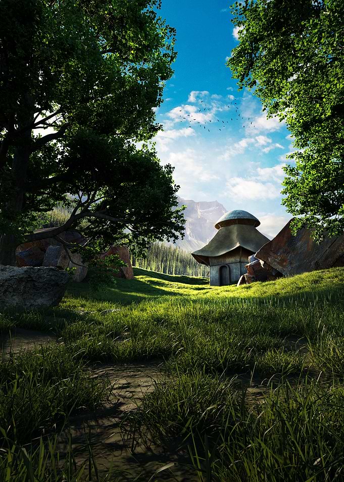 Fantasy Hut in a Lush Meadow