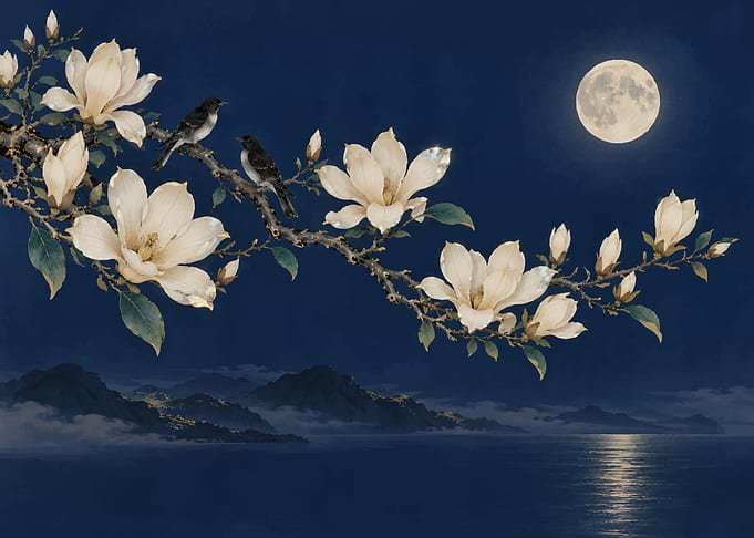 Magnolia Branch Under Moonlight