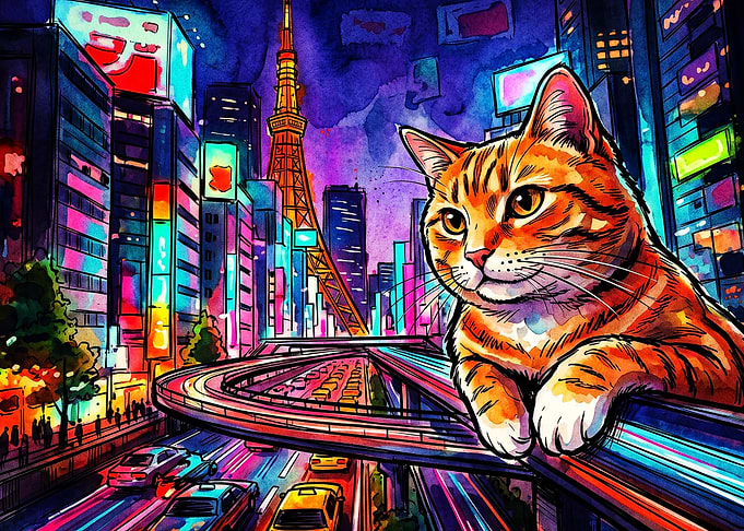 Tokyo Cat Neon City Watercolor Art