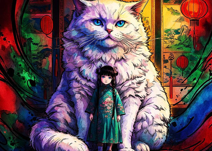 Giant Cat Asian Anime Art Poster