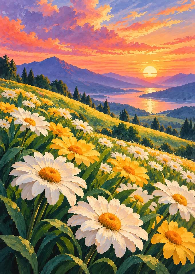 Sunset Over Daisy Field Landscape