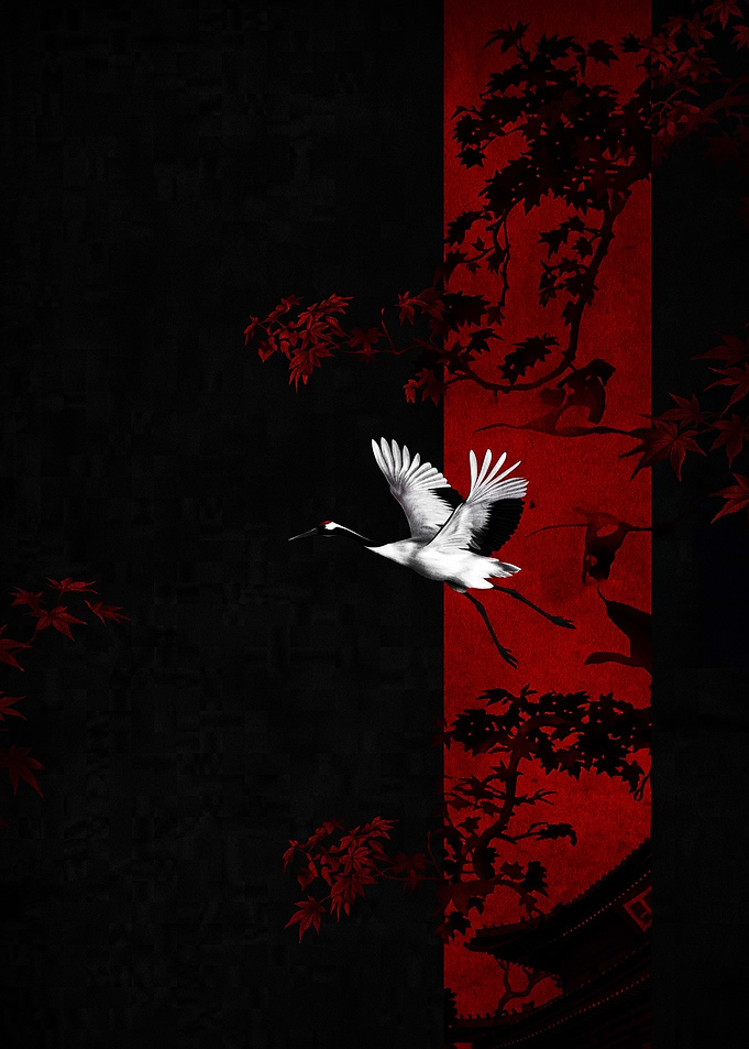 Red and Black Japanese Crane Art