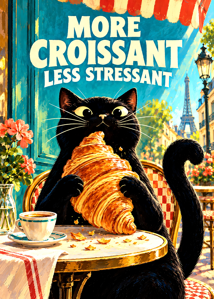 Black Cat Eating Croissant in Paris