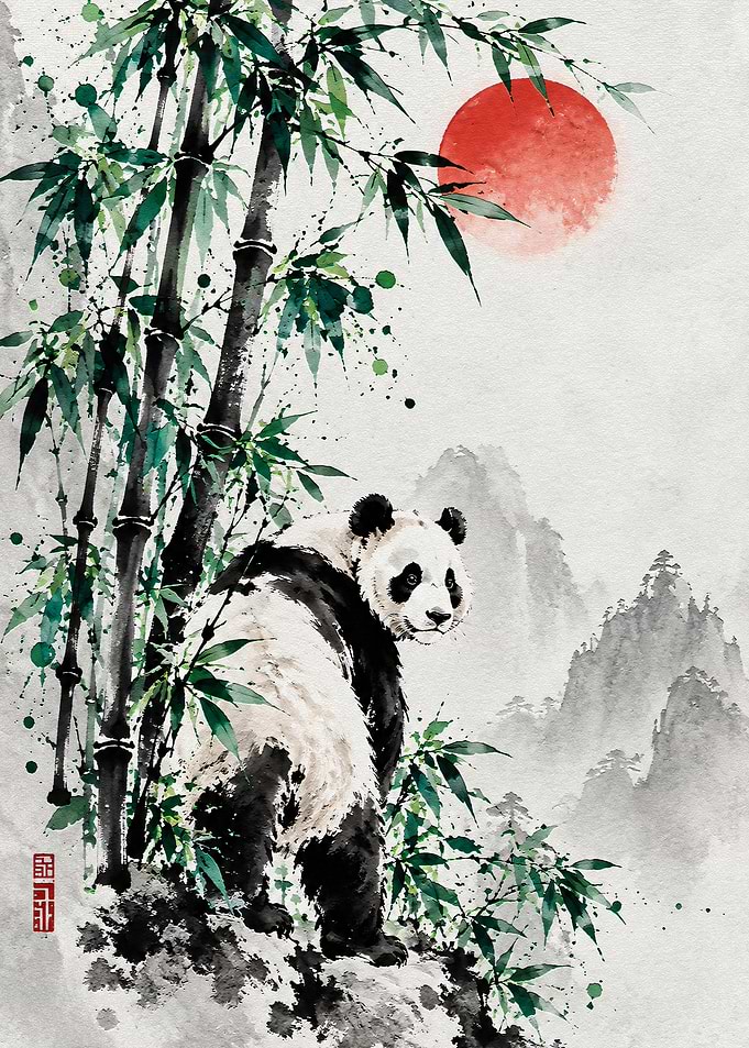 Panda in Bamboo Forest Watercolor Painting