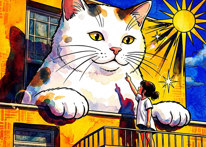 Giant Cat Window Watercolor Art