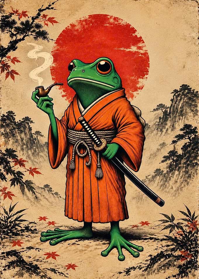 Samurai Frog in Traditional Kimono