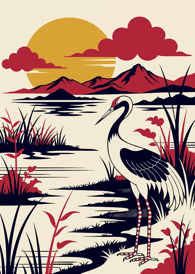 Japanese Red-Crowned Cranes at Dawn - Ukiyo-e Art