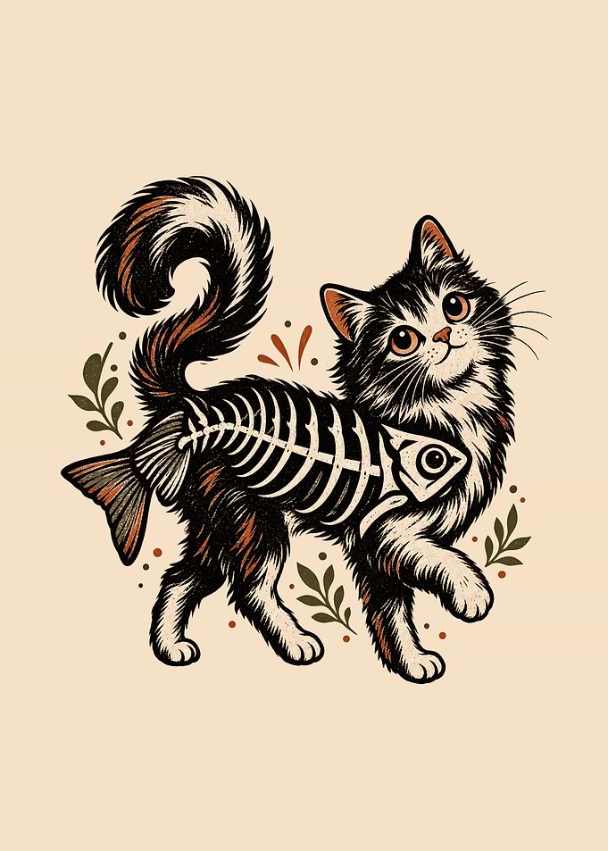 Whimsical Cat with Fish Skeleton