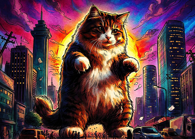 Giant Cat City Attack Retro Art