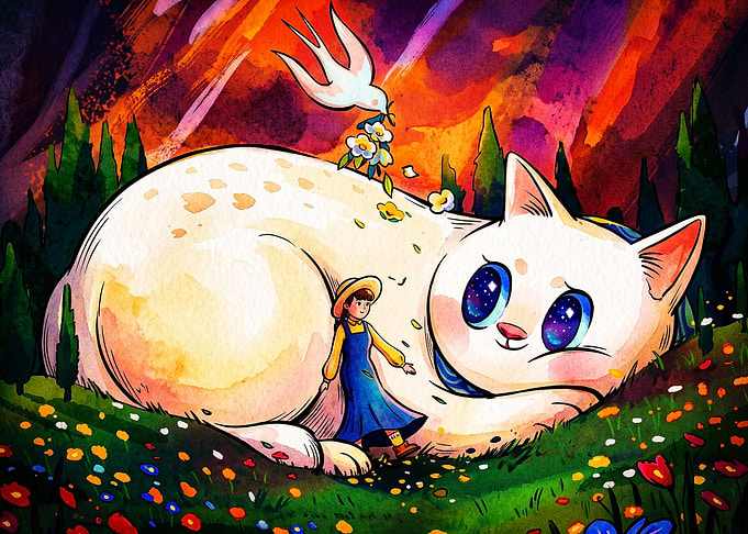 Giant Cat Fantasy Watercolor Poster