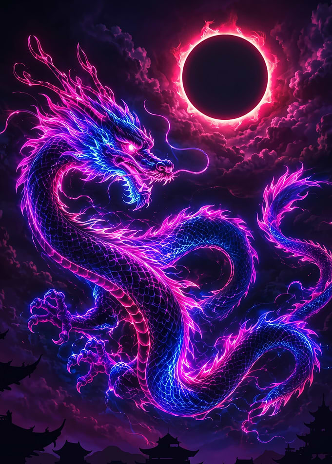 Neon Dragon Under Solar Eclipse