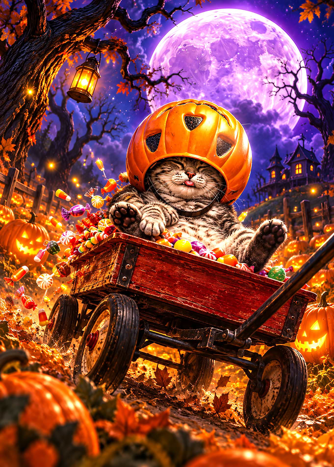 Cat Wearing Pumpkin Helmet in Wagon