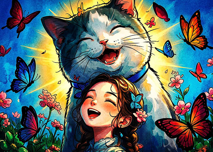 Cat Girl Butterfly Watercolor Art
