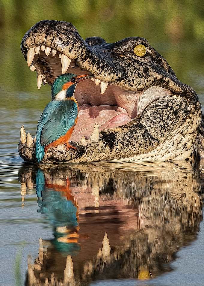 Kingfisher Perched on Crocodile Jaws