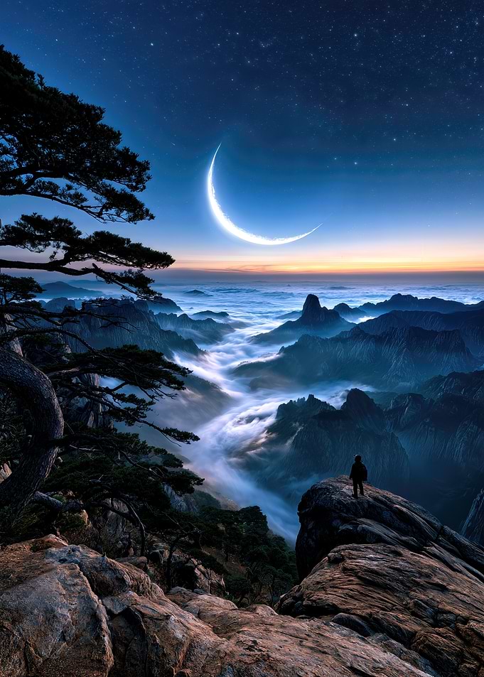 Lone Hiker Under Crescent Moon