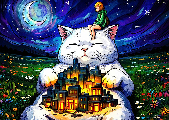 Giant Cat City Anime Night Art