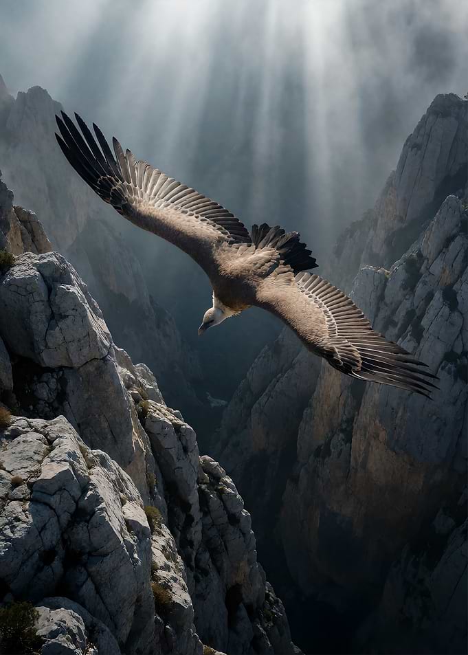 Griffon Vulture Soaring Over Mountains