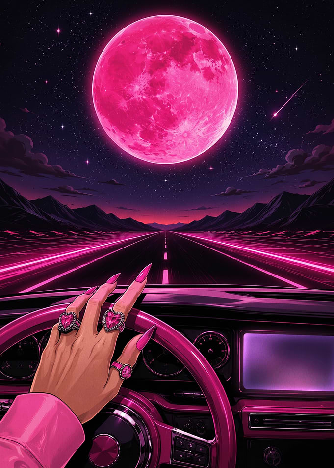 Neon Pink Moon Night Drive