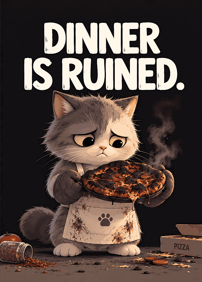 Sad Cat With Burnt Pizza