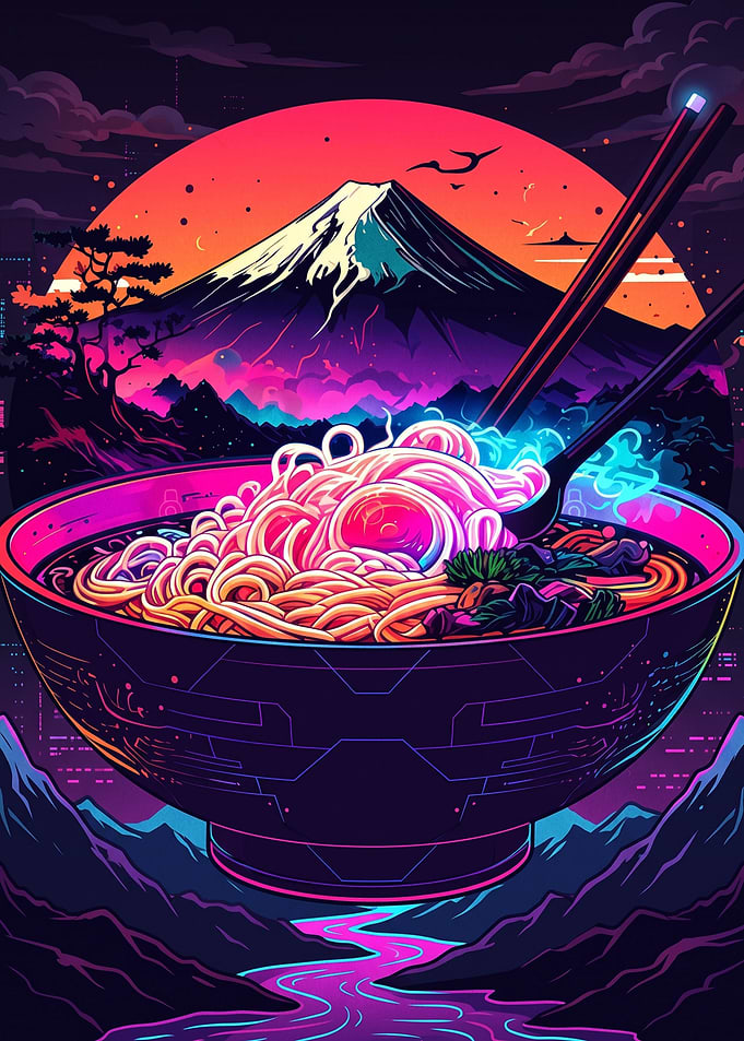 Neon Cyberpunk Ramen Bowl Art