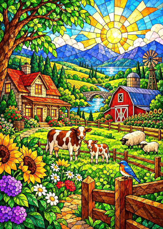 Stardew Valley Stained Glass Farm Landscape Scene