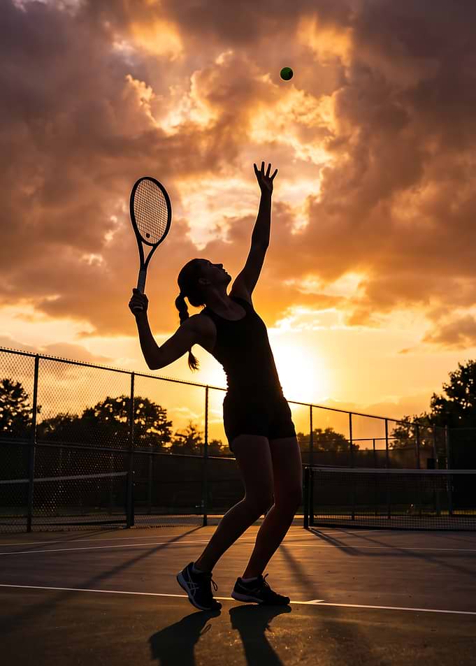 Tennis Player Serving at Sunset