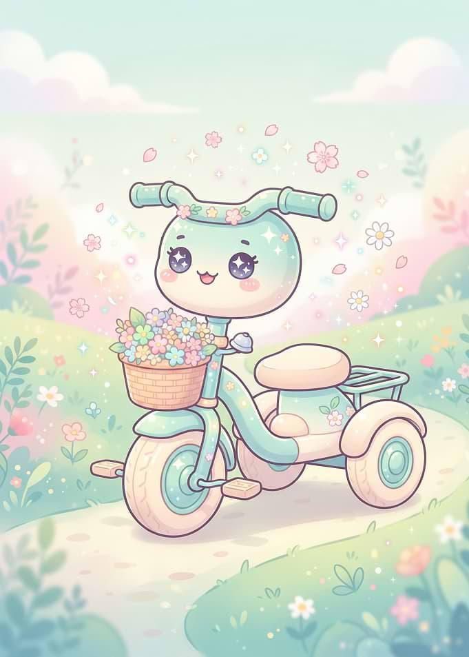 Cute Kawaii Tricycle in Flower Garden