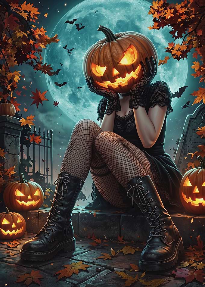 Halloween Pumpkin Head Girl in Cemetery