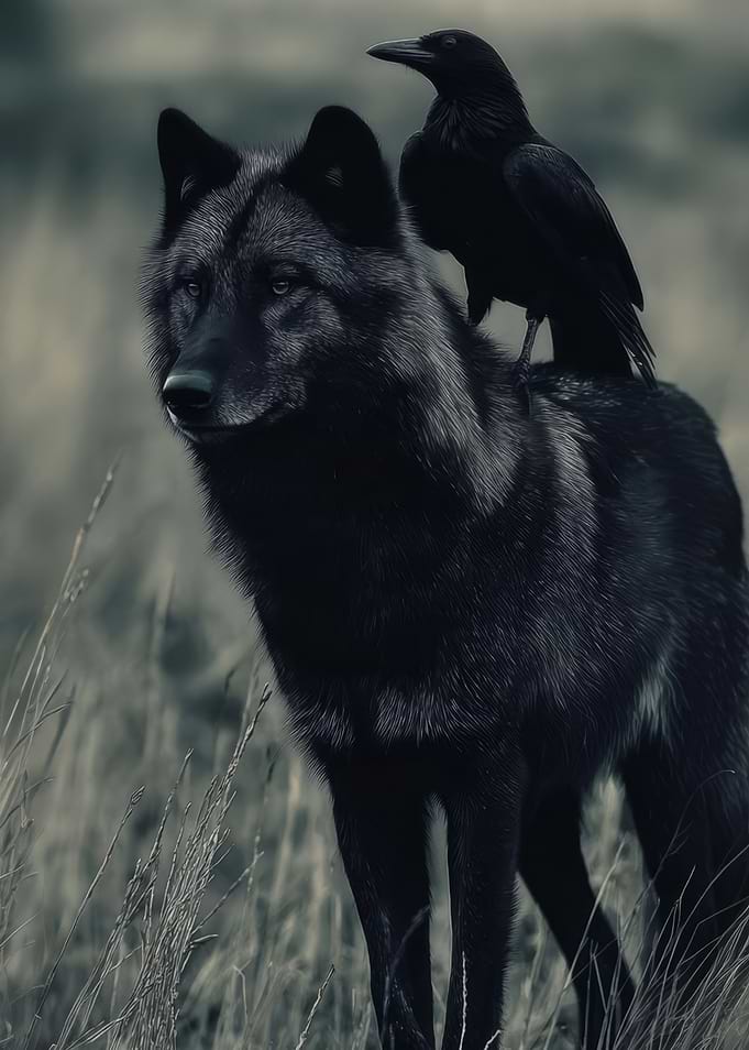 Black Wolf and Raven Companion