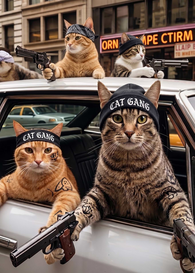 Cat Gangster in City Car funny Art
